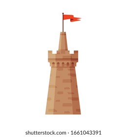 Castle Tower with Waving Flag, Element of Medieval Stone Fortress Vector Illustration