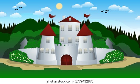 a castle with towers, a cogwheel fence, a building and a garden, surrounded by bushes with flowers against the background of a forest, sky with the sun, clouds, silhouettes of flying birds. vector
