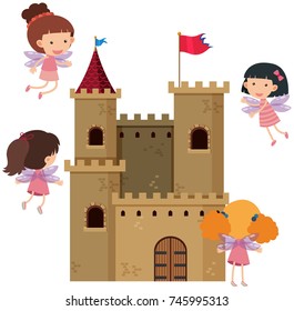 Castle towers with fairies flying around illustration