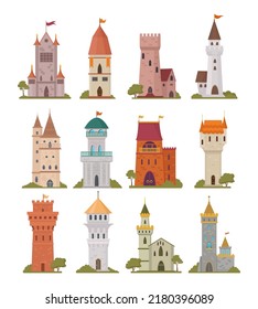 castle towers. fantasy old style historical building with big towers. Vector set in cartoon style