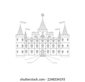 Castillo con torres, banderas, estrella central. uso: decoración, postal, colorido, diseño de tallado de madera, quema de madera, corte de papel, pintura mural, estampado de ropa, afiche. ilustración de contorno vectorial. 