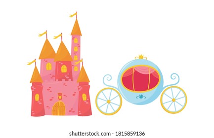 Castle with Towers and Flags and Royal Coach Vector Set