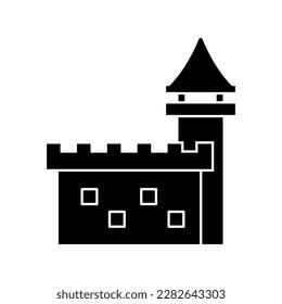 Castle with towers glyph icon design. Castle with flag solid icon, waterpark concept, Sandcastle sign on white background, vector illustration