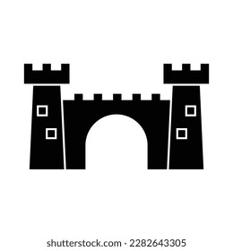 Castle with towers glyph icon design. Castle with flag solid icon, waterpark concept, Sandcastle sign on white background, vector illustration