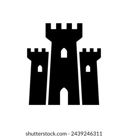 Castle and towers icon. Black silhouette. Front view. Vector simple flat graphic illustration. Isolated object on a white background. Isolate.