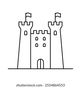 Castle with towers icon. Fortress. Black outline linear silhouette. Editable strokes. Front view. Vector simple flat graphic illustration. Isolated object on white background. Isolate.