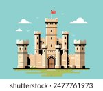 A castle with towers and a red flag on a blue sky background. Vector illustration