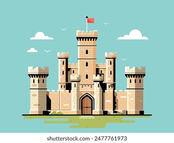 A castle with towers and a red flag on a blue sky background. Vector illustration