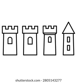 Castle towers set featuring various medieval architectural designs with crenelated battlements and pointed roofs rendered in simple black outline style on a clean white background for graphic design project assets