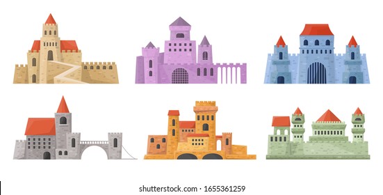 Castle towers set. Medieval Palace in cartoon style. Fortresses buildings collection in vector.