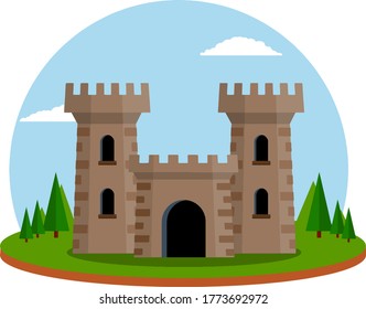 Castle with towers and walls. Defense construction. Medieval European architecture.