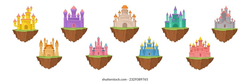 Castle with Towers and Walls on Floating Rocky Island Vector Set