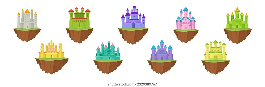 Castle with Towers and Walls on Floating Rocky Island Vector Set