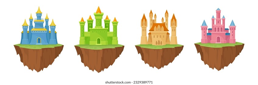 Castle with Towers and Walls on Floating Rocky Island Vector Set