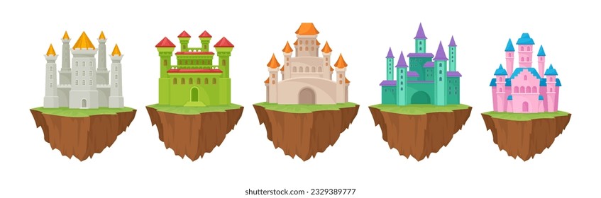 Castle with Towers and Walls on Floating Rocky Island Vector Set