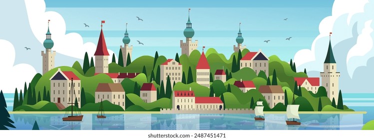 Castle town landscape with sailboats Towering castles and buildings on lush green hills by the water with sailboats clouds and birds in the sky