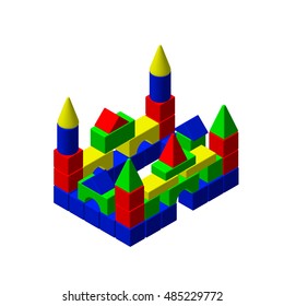 Castle from toy building blocks.Isolated on white background. 3d Vector colorful illustration.Isometric style.