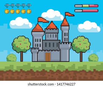 castle with trees and bushes with life bars