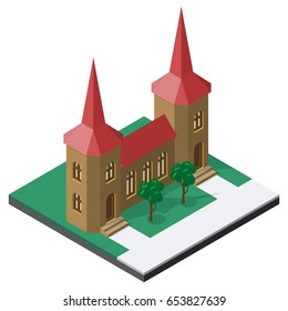 Castle and trees in isometric view.