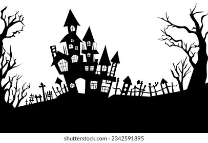 Castle with trees silhouettes style on white background. Haunted houses or spooky village for background, banner and header. Vector illustration for halloween concept.
