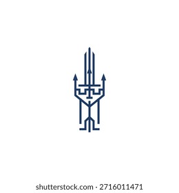 Castillo y tridente con concepto de diseño de logotipo de espada.