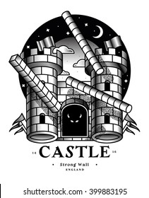 Castle t-shirt print vector bold lined black and white illustration
