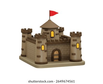 castle with turrets and a red flag icon 3d illustration render