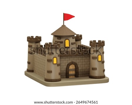 castle with turrets and a red flag icon 3d illustration render