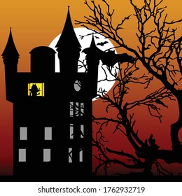 castle in the twilight with bat art vector illustration