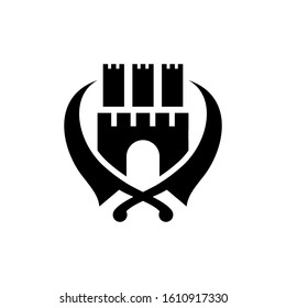 a castle and two swords logo template