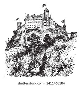 Castle is a type of fortified structure built in Europe and the Middle East during the Middle Ages by European nobility, vintage line drawing or engraving illustration.