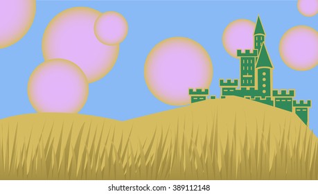 Castle under pink suns. Vector illustration.