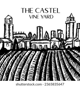 Castle vector black white vine yard vintage building retro garden village