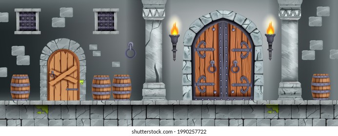 Castle vector dungeon game background, cartoon medieval interior illustration, barrels, old wooden gate. Ancient stone prison concept, pillar, torch, grate. Fortress castle dungeon, brick wall, door