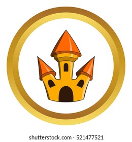 Castle vector icon in golden circle, cartoon style isolated on white background