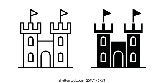 Castle vector icon set black filled and outlined style.