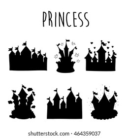 Castle vector icon,isolated on white.Tower in a flat style, black silhouette. Medieval house. Knights, Royal,princess building.Vintage fairytale symbol
