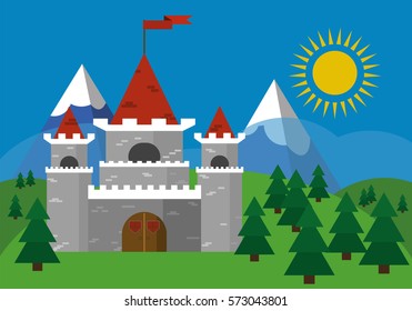 Castle .Vector illustration. In the background mountains 