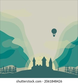 castle in vector, vector illustration of mountains, forest, balloon, castle