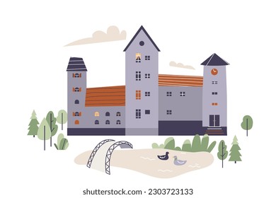 Castle vector illustration with trees and pond with ducks, bridge. History house for king, queen. Isolated on white background.