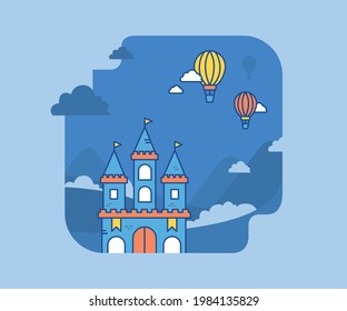 Schlossvektor mit Berg auf blauem bewölktem Himmel