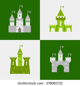 Castle vector set. Castle tower vector logo. Castle turret with flag. History castle architecture illustration. Princess castle sign. Castle behind the wall.