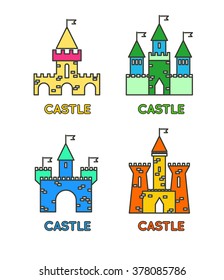 Castle vector set. Castle tower vector logo. Castle turret with flag. History castle architecture illustration. Princess castle sign. Castle behind the wall.