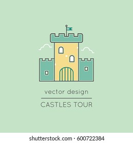 Castle vector thin line icon. Isolated symbol. Logo template, element for travel agency products, tour brochure, excursion banner. Simple mono linear modern design.