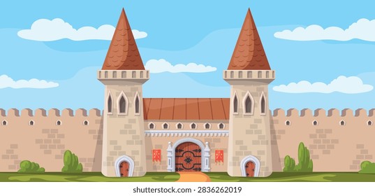 Castle wall gate. Medieval stone fortress entrance cartoon background, old brick tower ancient palace building wood door gate fort with window fantasy game neat vector illustration