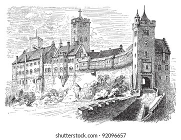 Castle Wartburg in Eisenach (Germany) - Vintage illustration from Meyers Konversations-Lexikon 1897