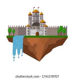 Castle with a waterfall in cartoon style