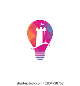 Castle Wave Glühbirnen-Konzept Logo Vektorsymbol Illustration. Einfaches Logo für das Schlosshotel und die Meereswelle