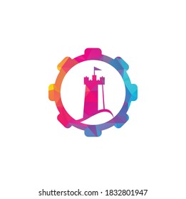 Castle Wave gear shape concept Logo Vector Icon Illustration. Simple castle and ocean wave logo