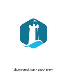 Castle Wave Logo Vector Icon Illustration. Simple castle and ocean wave logo